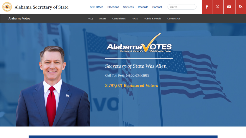 Alabama Secretary of State election center homepage with contact info and registered voters count