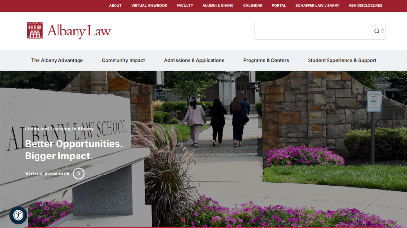 Albany Law School homepage with navigation menu and hero section promoting better opportunities and bigger impact