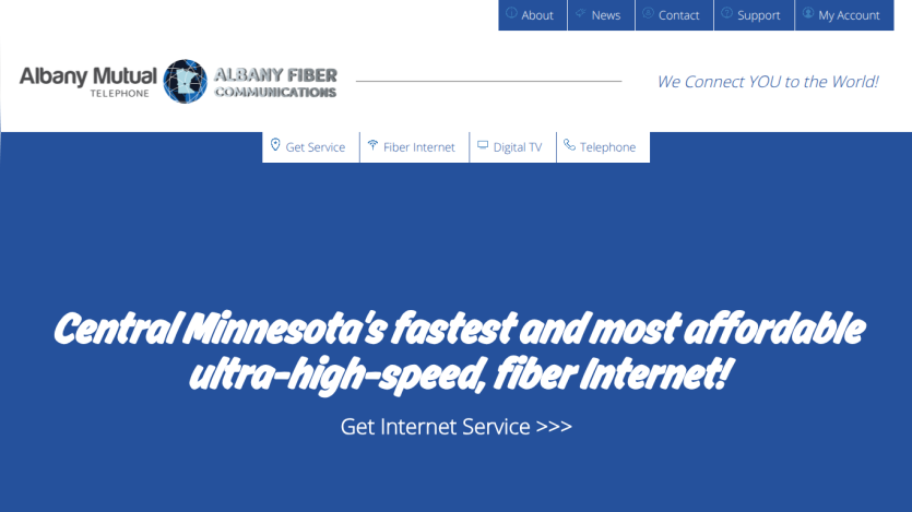 Homepage of Albany Mutual Telephone and Albany Fiber Communications offering ultra-high-speed fiber internet in Central Minnesota