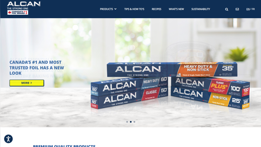 Alcan foil products displayed with headline about Canada's #1 trusted foil and a call-to-action button