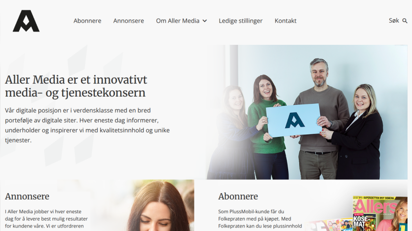 Aller Media homepage with navigation links and a hero section describing the company as an innovative media and service group