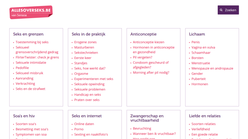 Educational website allesoverseks.be with sections on sex and boundaries, practice, contraception, body, STDs, internet, pregnancy, and relationships