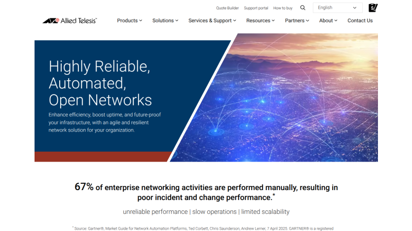 Allied Telesis homepage highlighting reliable, automated open networks with efficiency and uptime benefits
