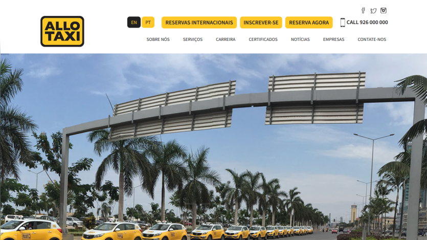 Taxi service homepage featuring a fleet of taxis and service information.