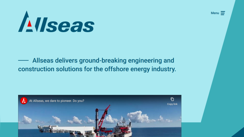 Allseas homepage with tagline about engineering and construction solutions for offshore energy and a video thumbnail of a ship at sea