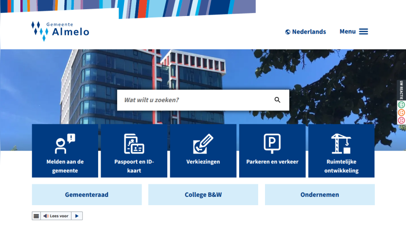Municipality of Almelo website with search bar and navigation options for reporting, ID cards, elections, parking, and spatial development