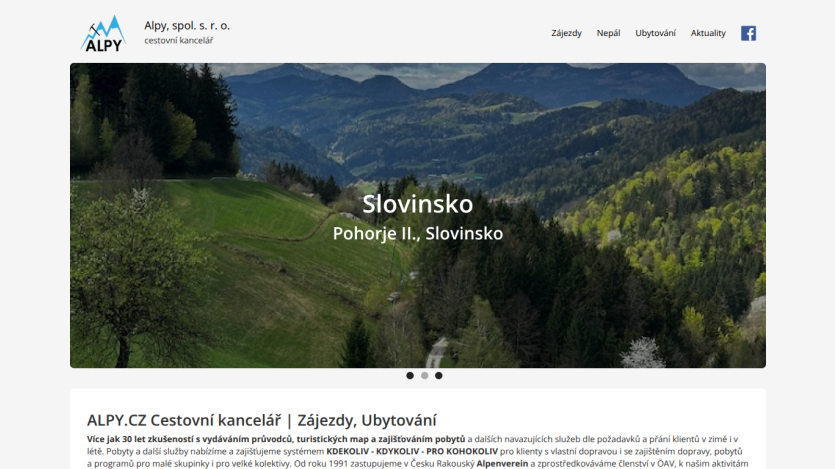 Travel agency Alpy offering tours and accommodation with a scenic mountain landscape and navigation links
