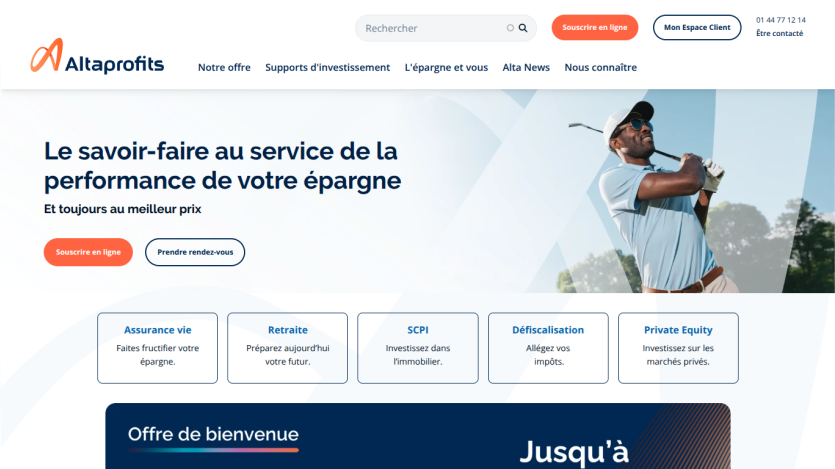 Homepage of AltaProfits featuring a golfer and service offerings.