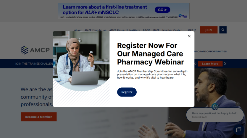AMCP homepage showing navigation, a call to become a member, and a man speaking in a professional setting.