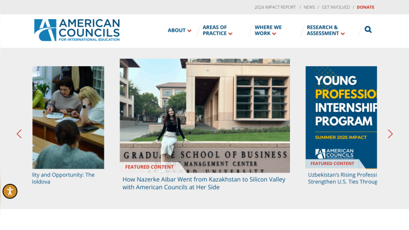 American Councils website showing navigation menu and featured programs including Graduate School of Business and Young Professional Internship Program