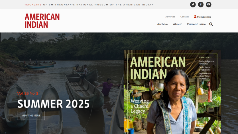 American Indian magazine homepage featuring Summer 2025 issue with a river scene and a woman on the cover