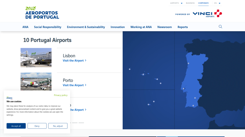 Overview of 10 Portugal airports with Lisbon and Porto highlighted.