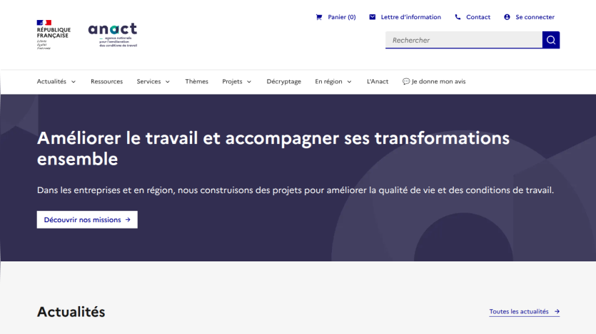 Homepage of ANACT with a focus on improving work conditions and transformations.
