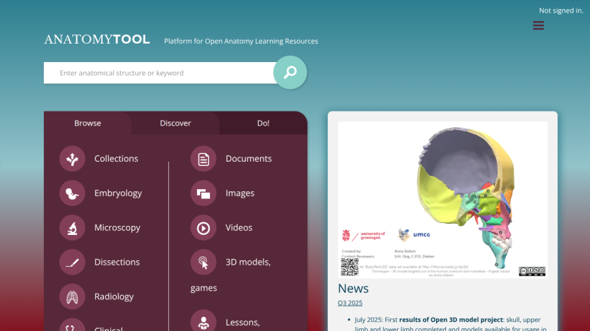 AnatomyTool homepage with search bar, navigation tabs for collections, documents, images, and news about 3D model project results.