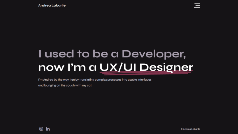 A UX/UI designer introduces themselves with a bold statement on a dark background.
