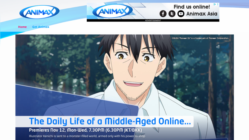 Animax homepage featuring The Daily Life of a Middle-Aged Online premiere details and character image