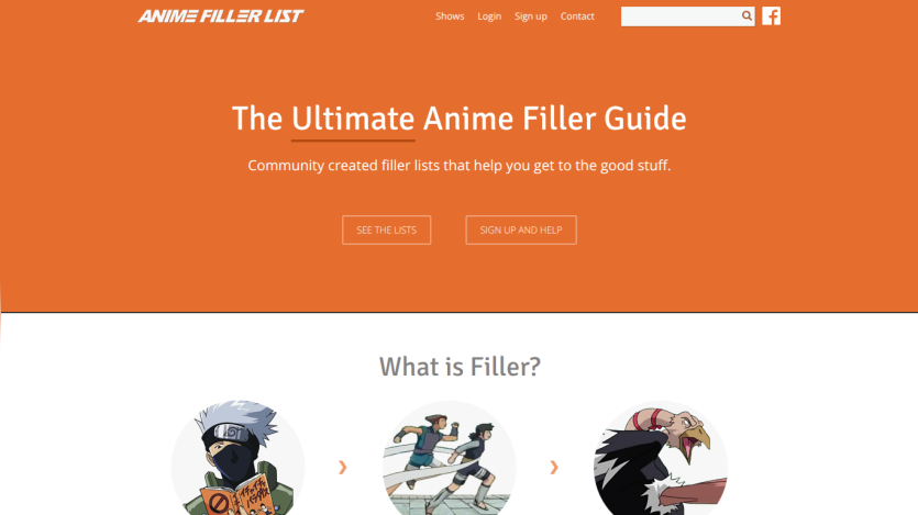 Homepage of Anime Filler List featuring a guide to anime fillers and explanation of filler.