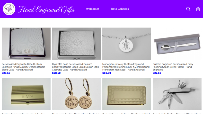 Personalized gifts displayed with prices and categories on a vibrant background.