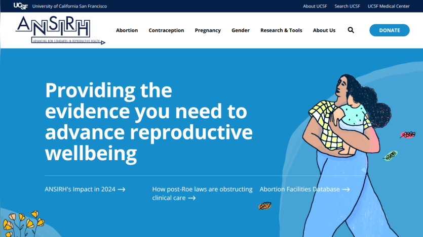 UCSF ANSIRH website hero with navigation and message on advancing reproductive wellbeing
