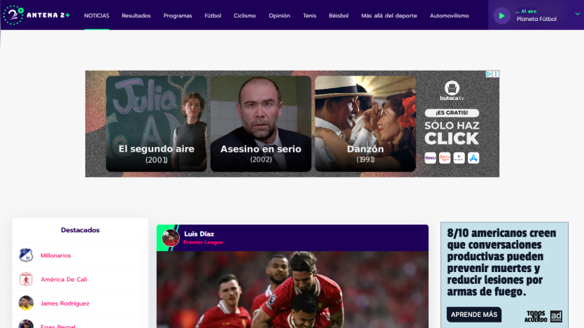 Homepage featuring articles and images related to sports and entertainment.