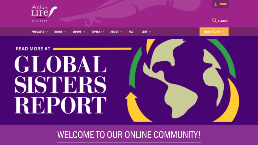 Homepage featuring Global Sisters Report with a welcome message and navigation options.