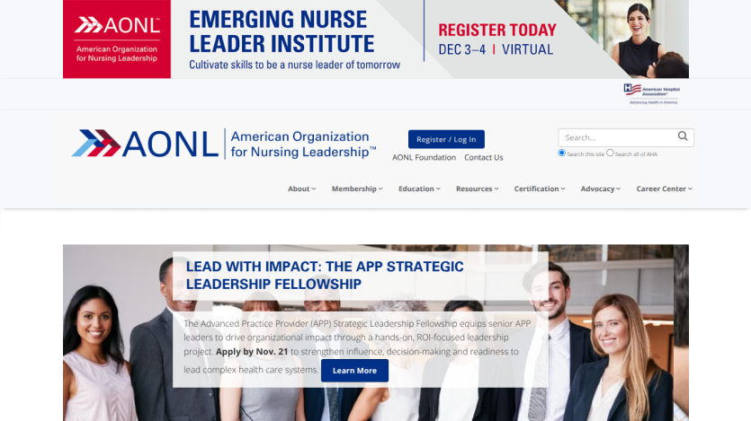 AONL website promoting nursing leadership with navigation menu and a hero section about membership benefits
