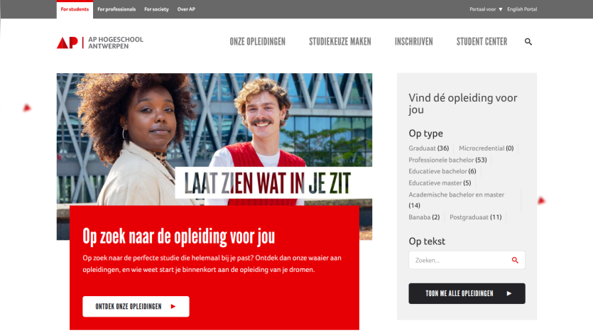 Homepage featuring two individuals with the text 'Laat zien wat in je zit' and a search for education options.