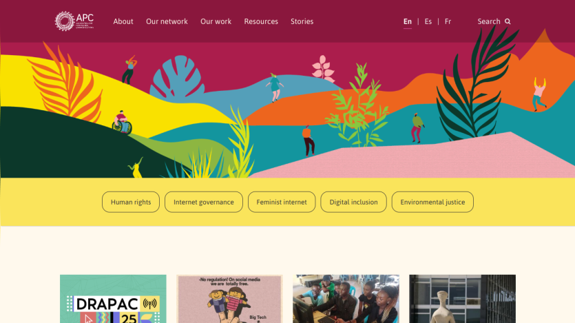 Homepage featuring colorful illustrations and navigation links on human rights and digital inclusion.