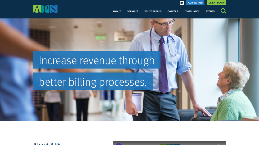 Healthcare billing service website with navigation and headline Increase revenue through better billing processes