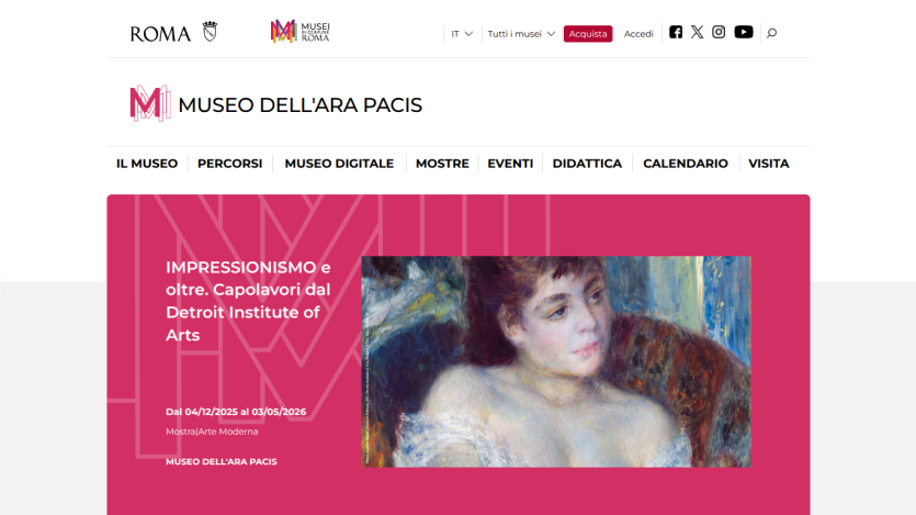 Museo dell'Ara Pacis website showing an exhibition on Impressionism and masterpieces from the Detroit Institute of Arts from Dec 2025 to May 2026.