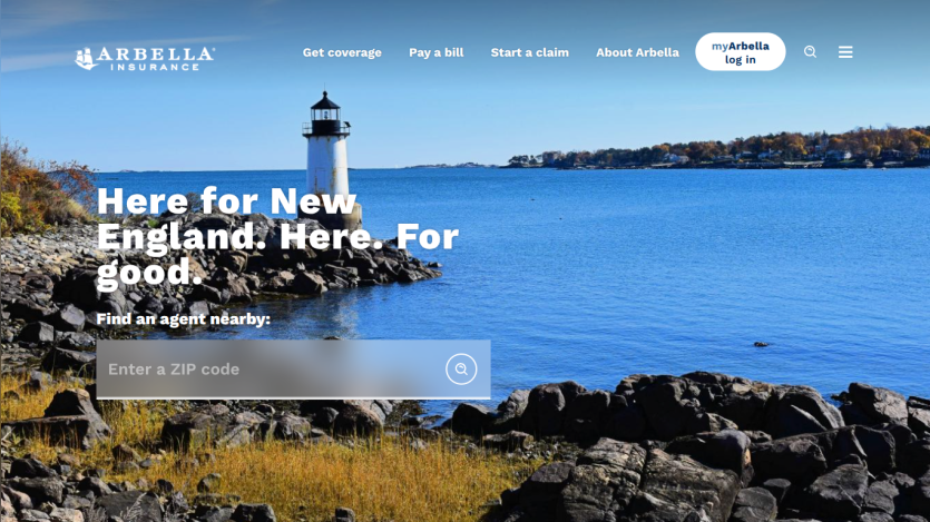 Insurance website homepage with lighthouse background, headline about New England coverage, and ZIP code entry field