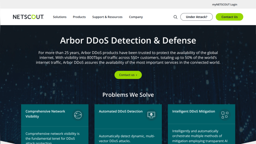 NETSCOUT Arbor DDoS Detection & Defense with overview and problems solved including network visibility, automated detection, and mitigation