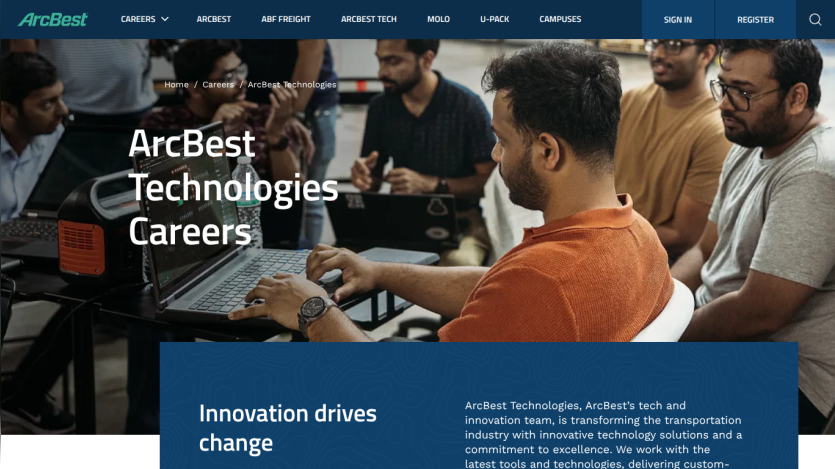 ArcBest Technologies Careers page highlighting innovation in transportation technology with a team working collaboratively