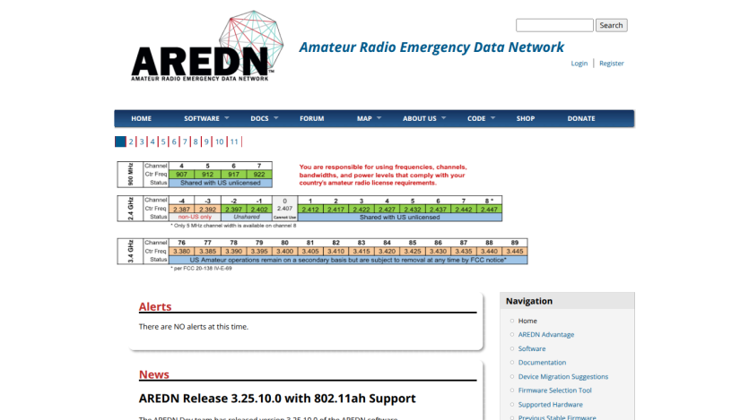 Amateur Radio Emergency Data Network homepage with navigation menu, frequency channel tables, alerts, and news about AREDN Release 3.25.10.0