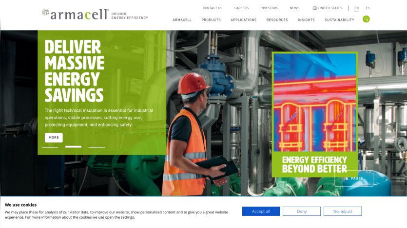 Armacell website showing energy savings solutions with a worker in safety gear and thermal imaging of a building
