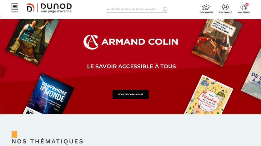Armand Colin book publisher homepage with slogan and catalog button, navigation menu, and search bar