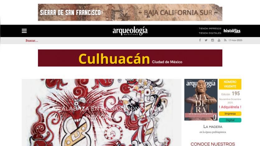 Arqueología Mexicana website showing a feature on Mexican gastronomy with a mural image and current issue promotion