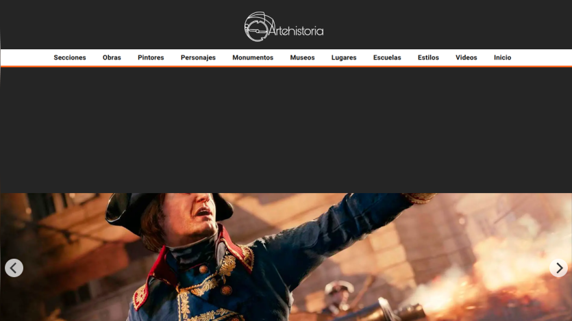Artehistoria website header with navigation menu and hero section featuring historical images