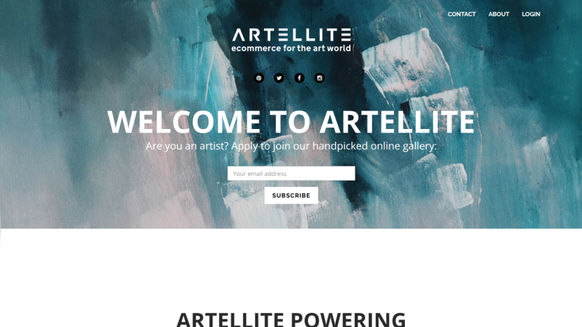 Homepage of Artellite featuring a welcome message and email subscription form.
