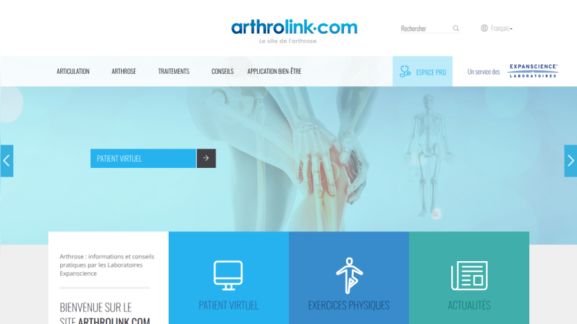 Homepage of Arthrolink with navigation links and a visual related to physical therapy.
