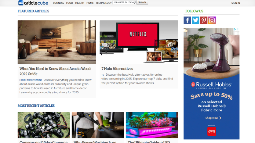 ArticleCube homepage featuring guides on acacia wood and Hulu alternatives, with recent articles on cameras, power washing, and LED growing.