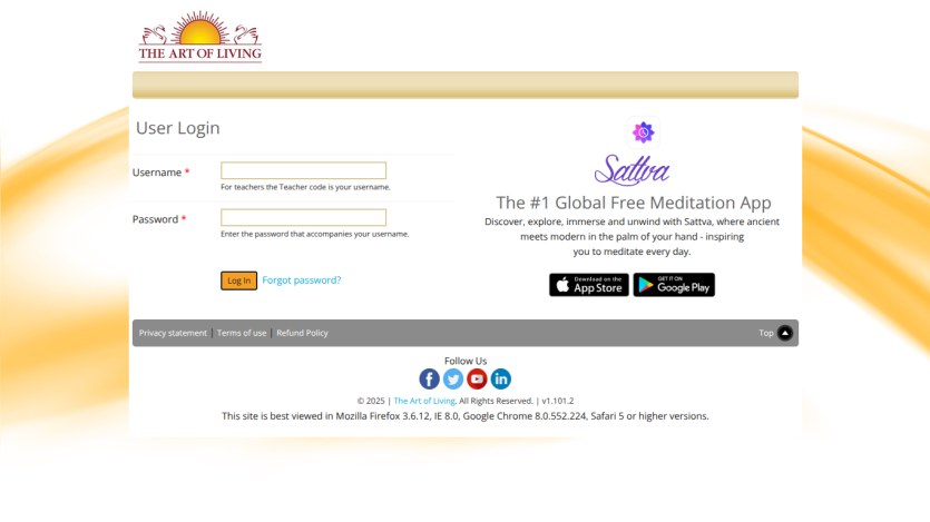 User login form for The Art of Living with a promo for Sattva, a free meditation app, including app store buttons
