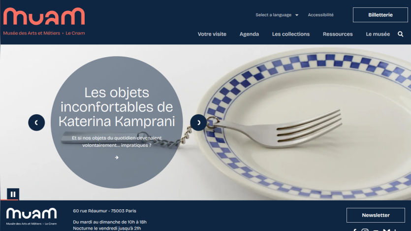 Website header with navigation and hero section featuring a fork on a plate and text about Katerina Kamprani's uncomfortable objects exhibition