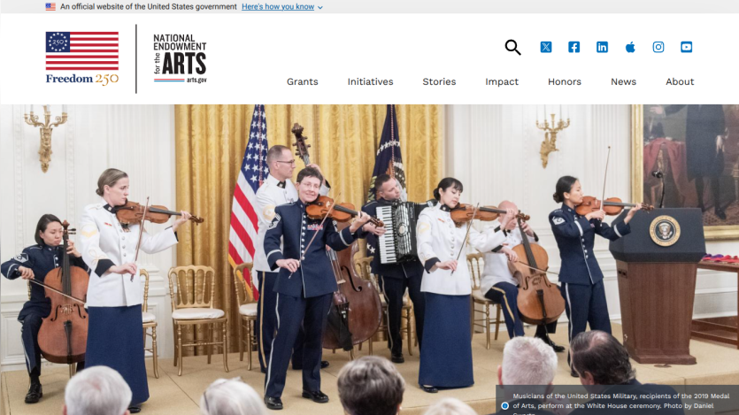 Musicians performing in a formal setting with the U.S. flag and presidential seal in view.