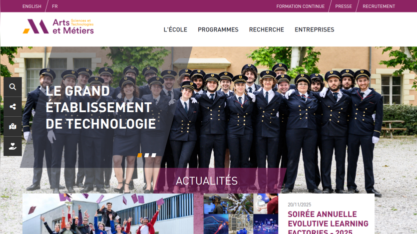 Homepage of Arts et Métiers with a group of students in uniform and headline about the grand technology institution