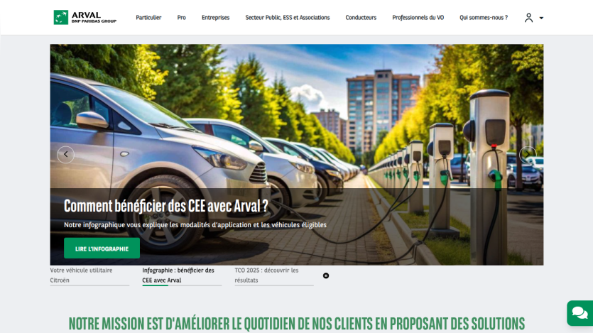 Homepage of Arval BNP Paribas Group showing electric vehicle charging with headline about benefiting from CEE with Arval