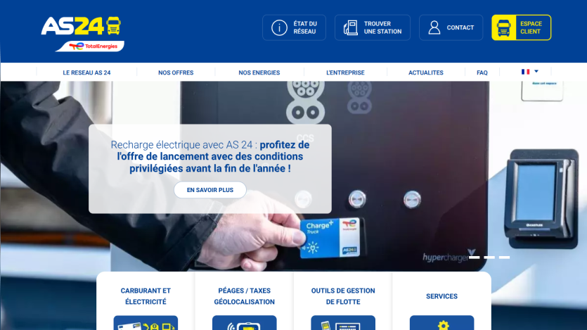 AS 24 website header with navigation and hero promoting electric recharge offer with a call to action button