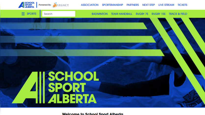 Homepage of School Sport Alberta featuring sports categories and welcome message.