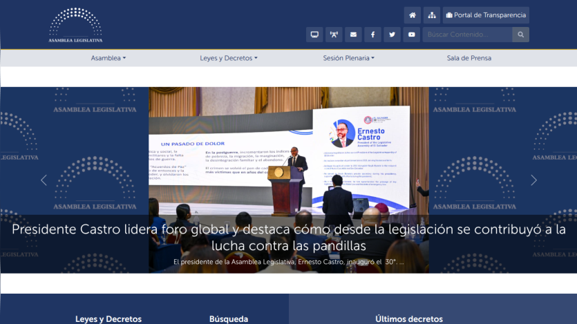 Legislative Assembly website showing news about President Castro leading a global forum on legislation against gangs