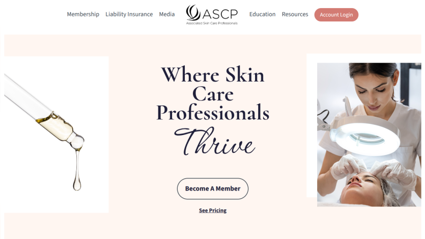 Homepage for Associated Skin Care Professionals with navigation, logo, hero text inviting to become a member, and skincare treatment images